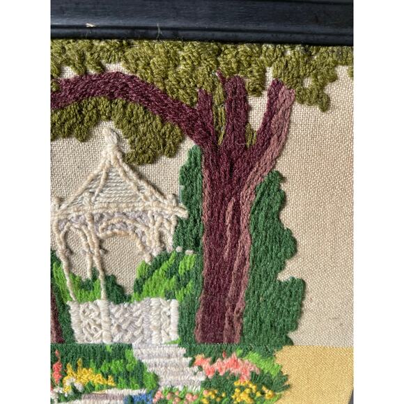 Vtg Framed Crewel Embroidery Springtime Gazebo Needlepoint Floral Grandmacore - Picture 4 of 16